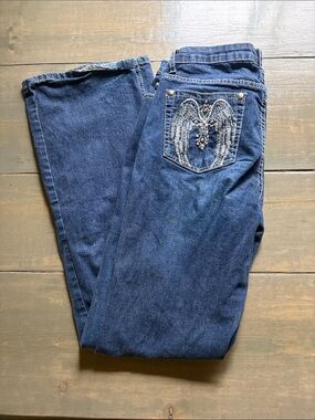 y2k Tru Luxe Jeans Dark Blue Denim with Embellished Wing Pockets